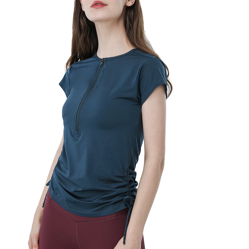 New Arrival Women's Half-Zip Spandex/Polyester Skinny Fit Short Sleeve Tops Breathable Soft Luxury Corset T-shirts Side Yoga Top