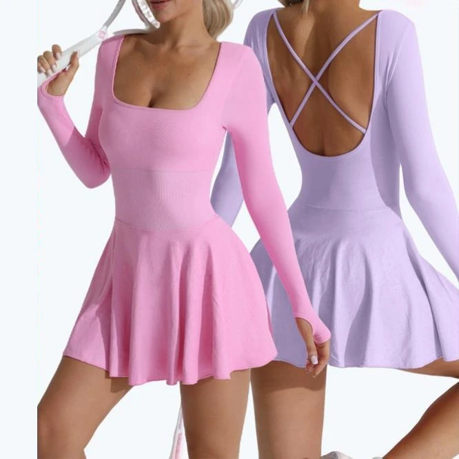 Popular Women's Elegant Outdoor Golf Tennis Dress Beautiful Back Breathable Spandex Nylon Sports Fitness Anti-glare Yoga Dress