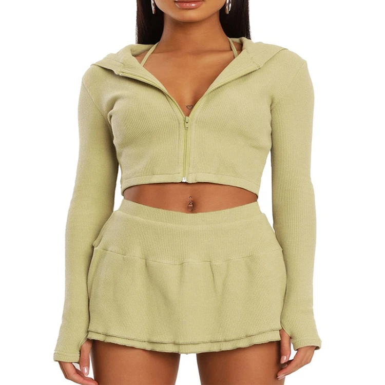 Factory Custom Yoga Set 3 Pieces Vital Sport Suit Crop Top Jacket Sport Bra Skirt Shorts Set Fitness Zip up Long Sleeve