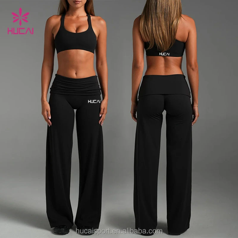 ODM HUCAI Custom Sustainable Recycled Nylon 2 Pieces Workout Gym Fitness Sports Bra and Foldover Straight Leg Yoga Leggings Set
