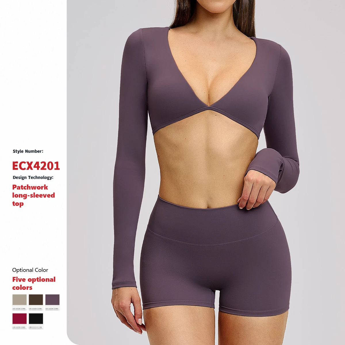 XW-EWX4201 Custom v Neck High Elastic Halter Yoga Top Sleeves Gym Fitness Training Workout Yoga Crop Top Long Sleeves for Women