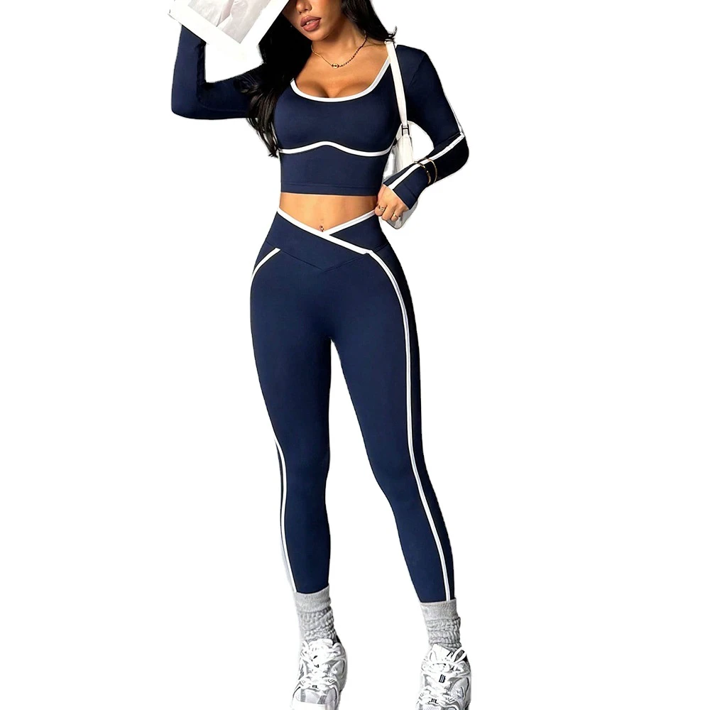 Yoga Suit Women's Design Contrast Yoga Set Four-way Stretch Breathable Long Sleeve High Waist Hip Lift Exercise Two-piece Set