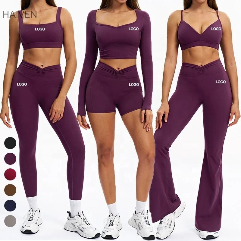 Custom Logo 6pcs Fitness Workout Thumb Hole Long Sleeve Sports Top Gym Wear Women Yoga Sets Breathable Flared Leggings Set