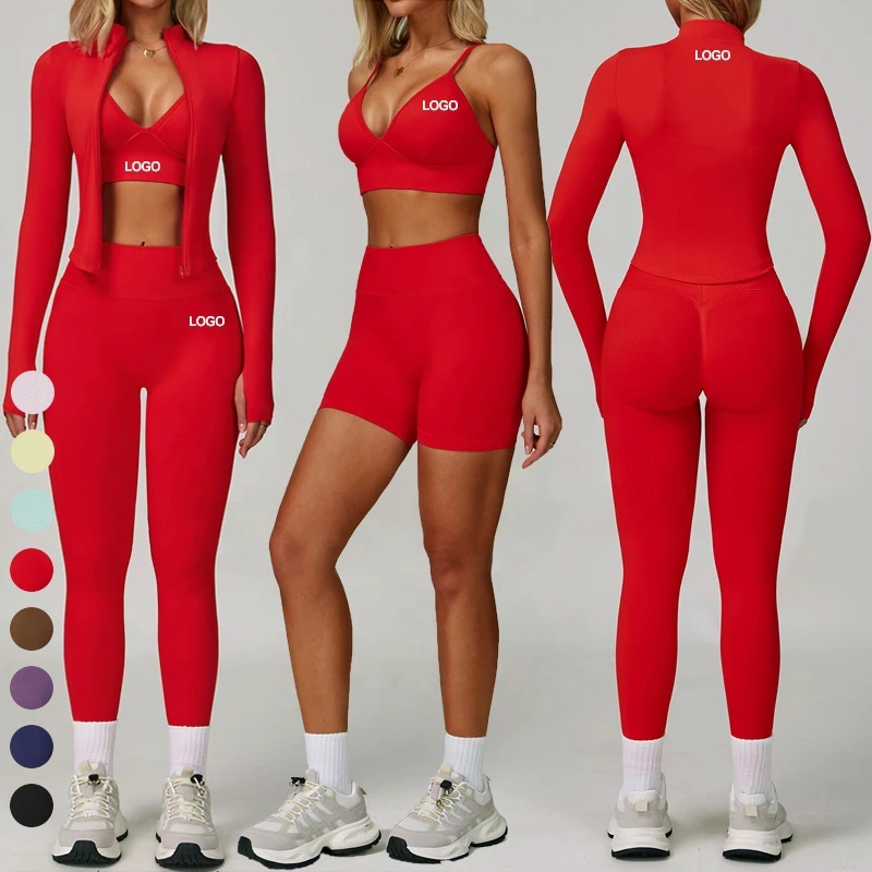 Women's Seamless Sports Suits 4 Pieces Free Matching Workout Outfits Full Zip Yoga Jacket V Back Scrunch Butt Gym Leggings Set
