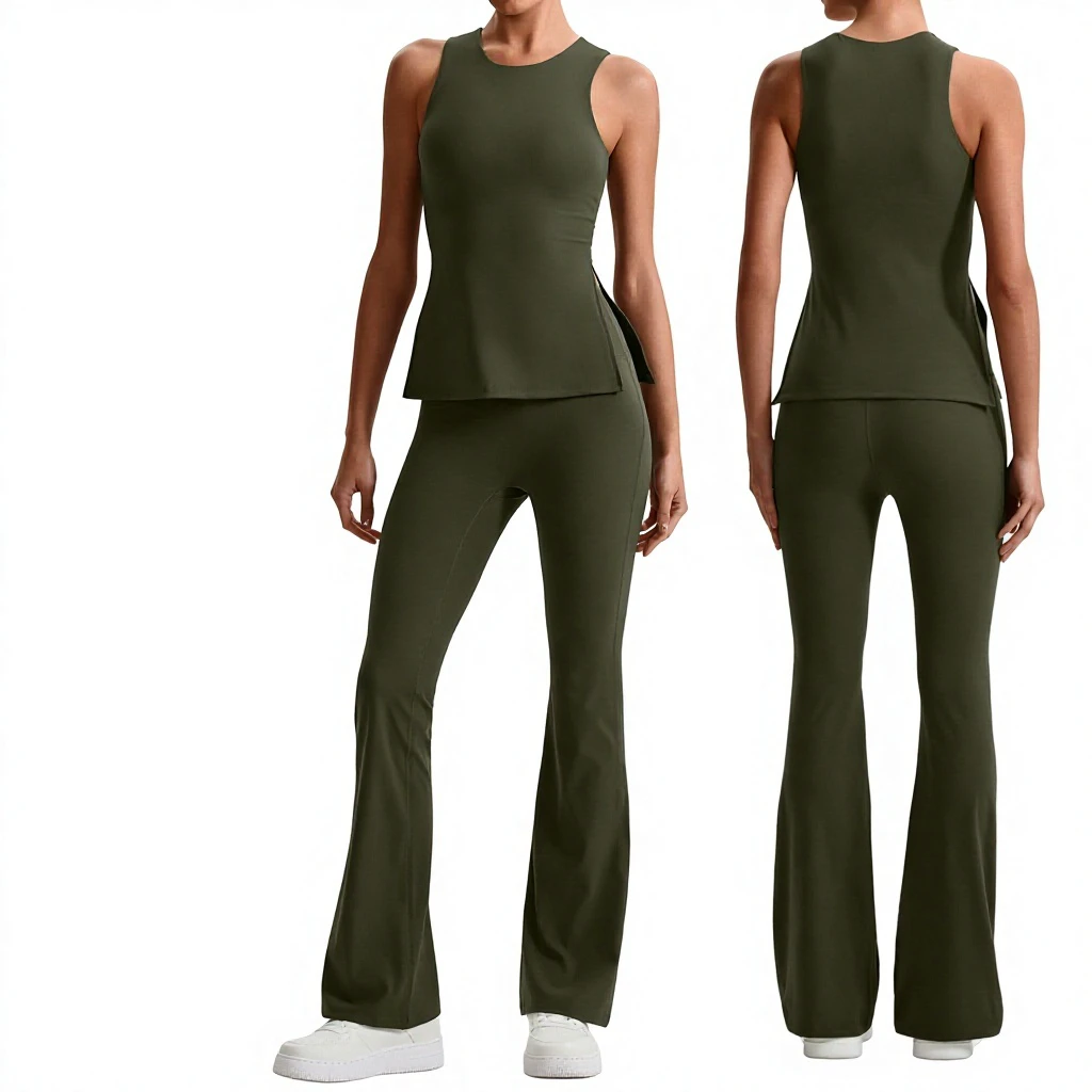 Europe America Tight Brushed Wrinkle-Resistant Spandex/Nylon Solid 2-Piece Yoga Set Quick-Drying Breathable Fitness