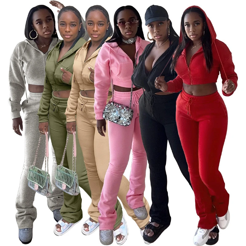 CN25057 European American Fashion Women's Slim Fit Fleece Hoodie Cardigan Short Tops Micro Flared Pants Two-Piece Set Autumn
