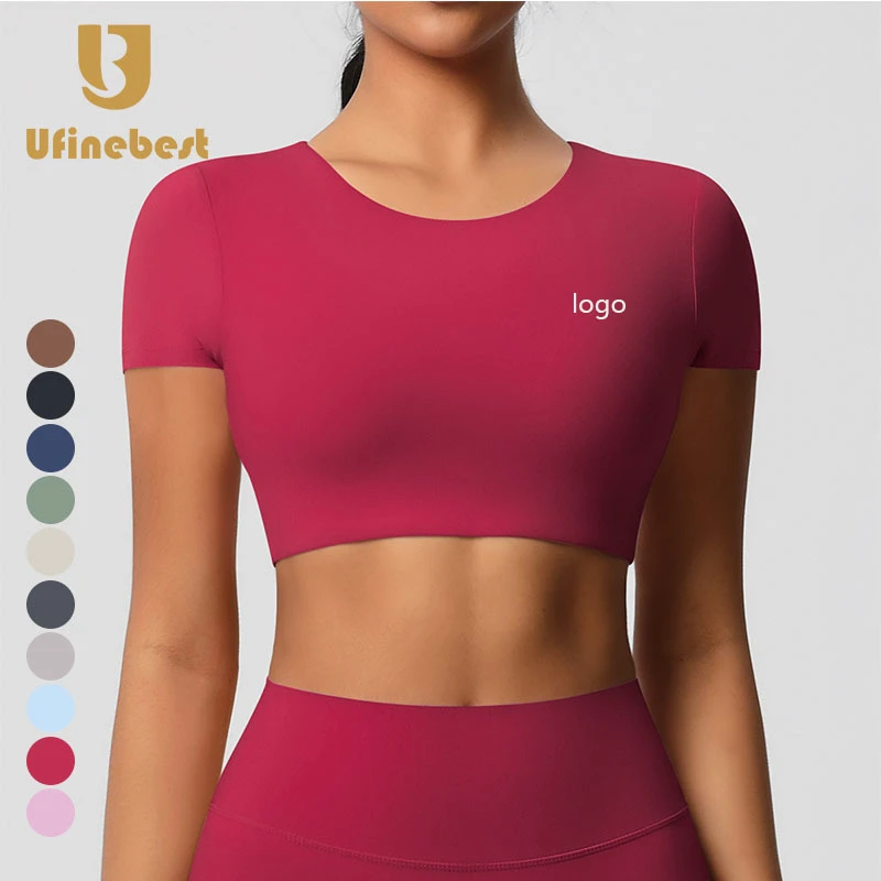 Custom Women's Tight Slim Gym Padded T Shirt Nude Feeling Short Sleeves Comfortable Breathable Seamless for Fitness Sports Yoga