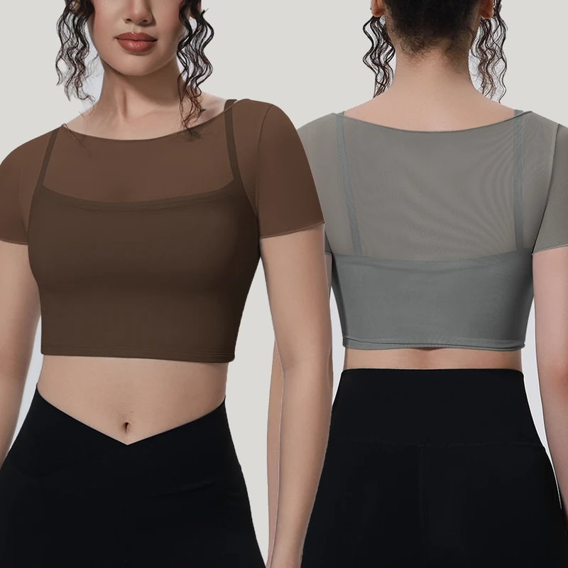 JY 2026 Crew Neck Slim Fit Solid Color Short Sleeve Top Quick-Drying Breathable High Stretch Mesh Overlay Yoga Gym Top for Women