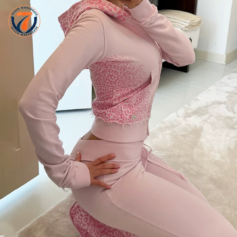 Women Custom Leopard Print Yoga Set Washed Vintage High-Waisted Fitted Zip up Hoodie Casual Flared Yoga Pant Traclsuit for Women