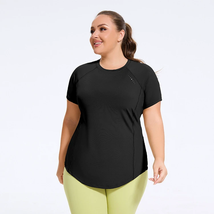 Women's Plus Size Yoga T-Shirt Short Sleeve High Waist Curved Hem Athletic Top for Gym Sets