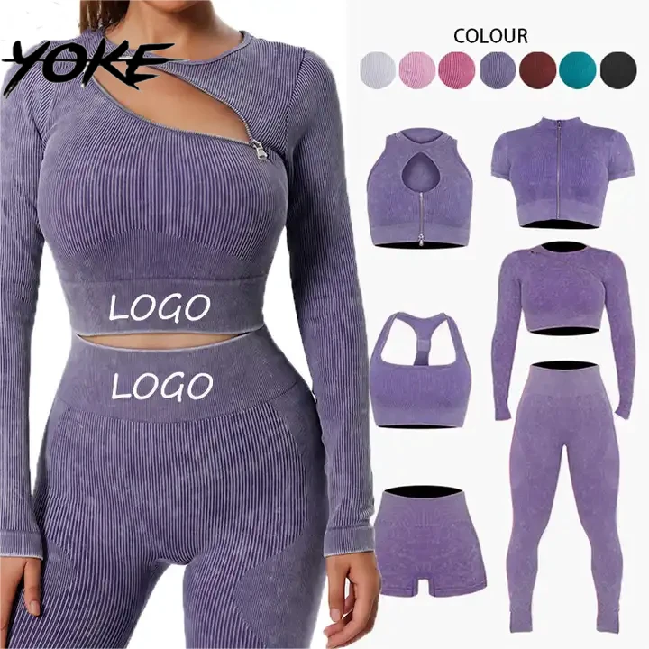 Yoke 2024 Custom Logo 5 Pcs Women Workout Gym Clothes Long Sleeve Fitness Leggings Seamless Yoga Sets
