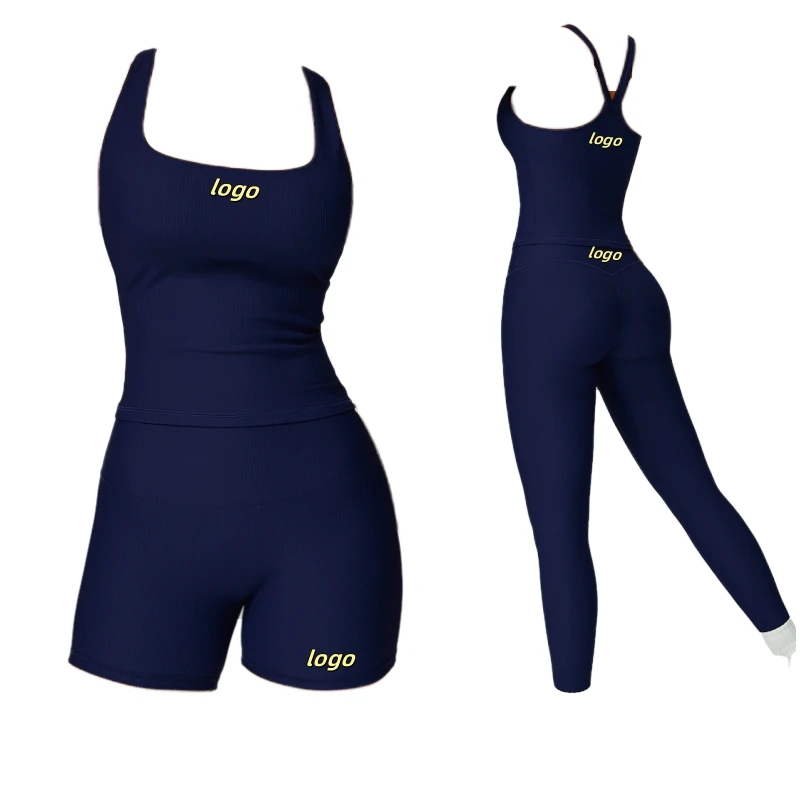 Women's Sporty Fitness Wear Breathable 4-Piece Gym Set From Manufacturer Solid Pattern Yoga Tank Top Leggings Shorts Front Logo
