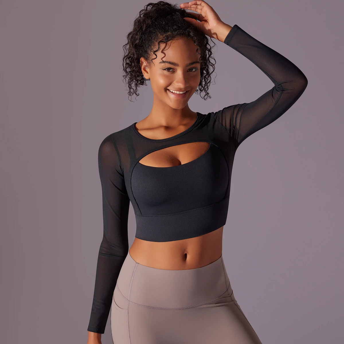 Sexy Mesh Patchwork Long Sleeve Sports Bra Padded Nylon Slimming Workout Shirts Top Gym Fitness Yoga Crop Top