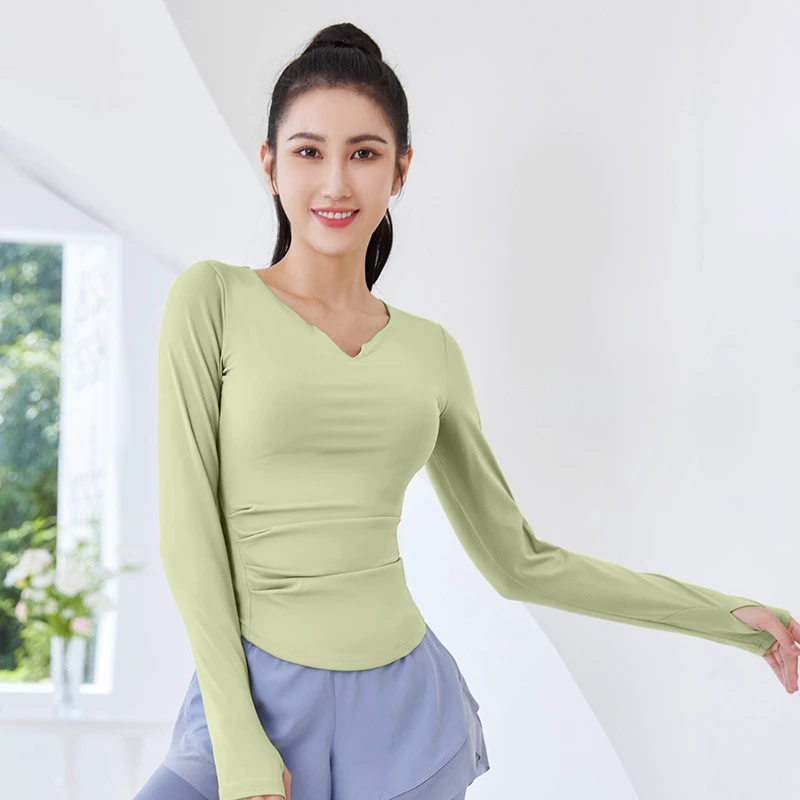 V-Neck Long-Sleeved T-Shirt Quick-Drying Nude Waist Slimming Women'S Yoga Top