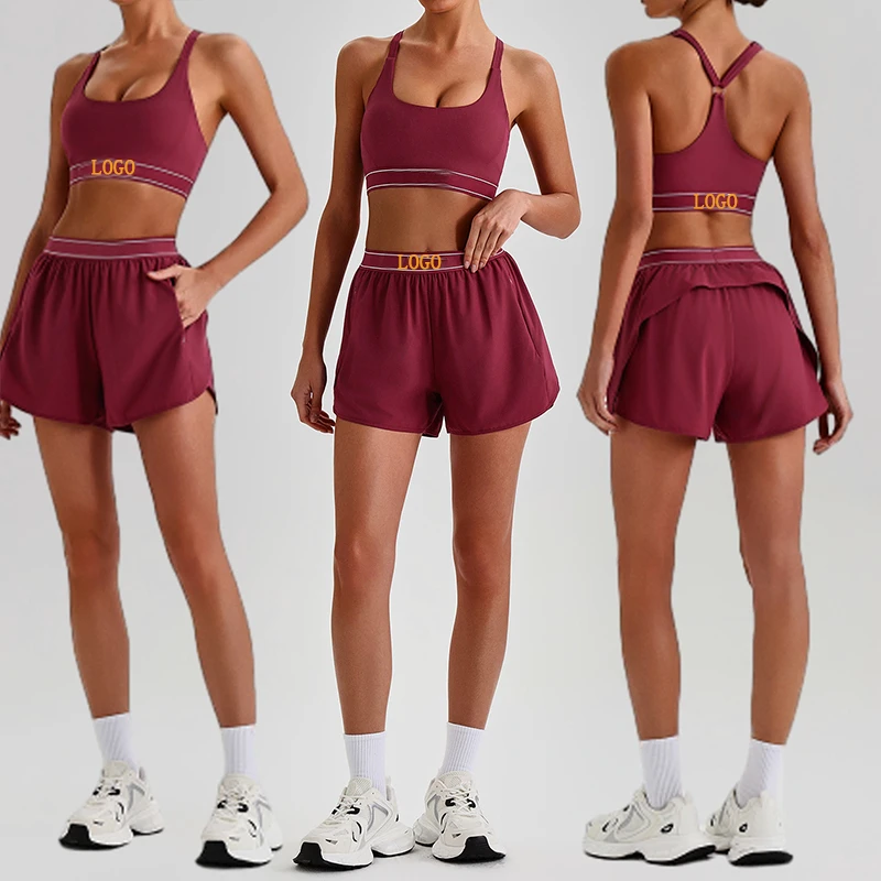 Wholesale Custom Logo Sports YogaShortsSet Solid NudeBreathable 2 Piece Outfit High Waist Quick Dry Running Shorts Set For Women