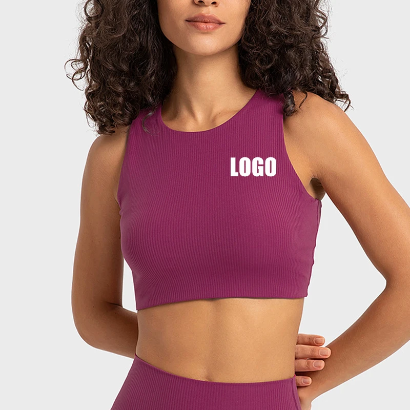 New Ribbed High Impact Shockproof Sports Training Bra Top High Neck Support Workout Running Fitness Wear Gym Yoga Bra For Women