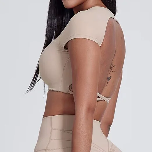 Fashion Crisscross Backless Cropped Workout Top Women's Short Sleeve Twist Tie Gym T-Shirt Quick Dry Yoga Activewear