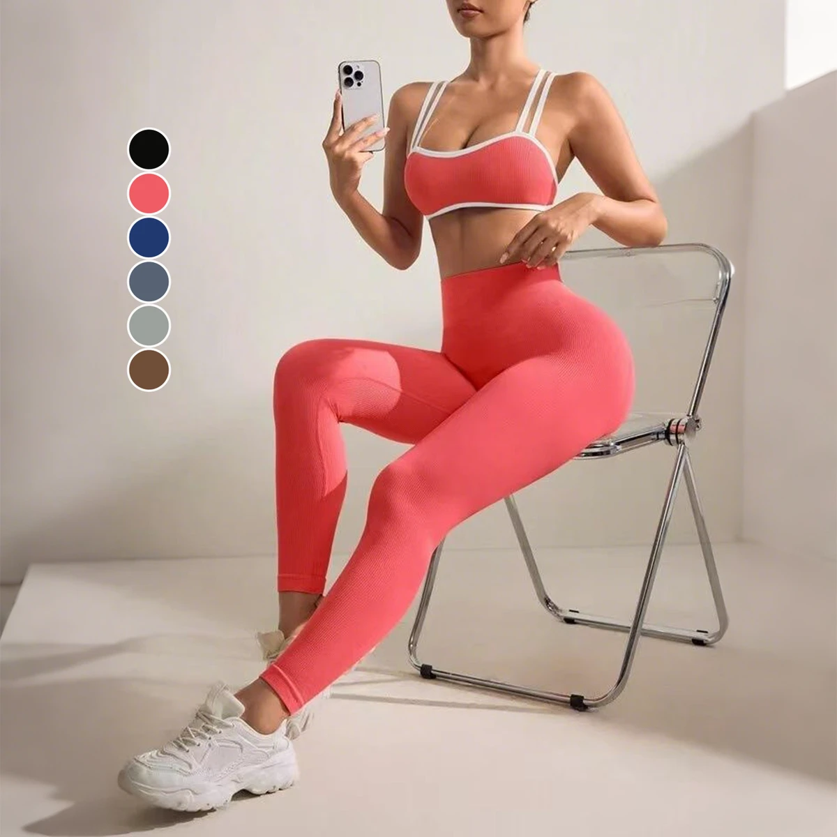 Women's Lightweight Fitness Set Seamless Yoga Suit Elastic Waist Quick Dry Hip Pants Breathable Sleeveless Sports Bra