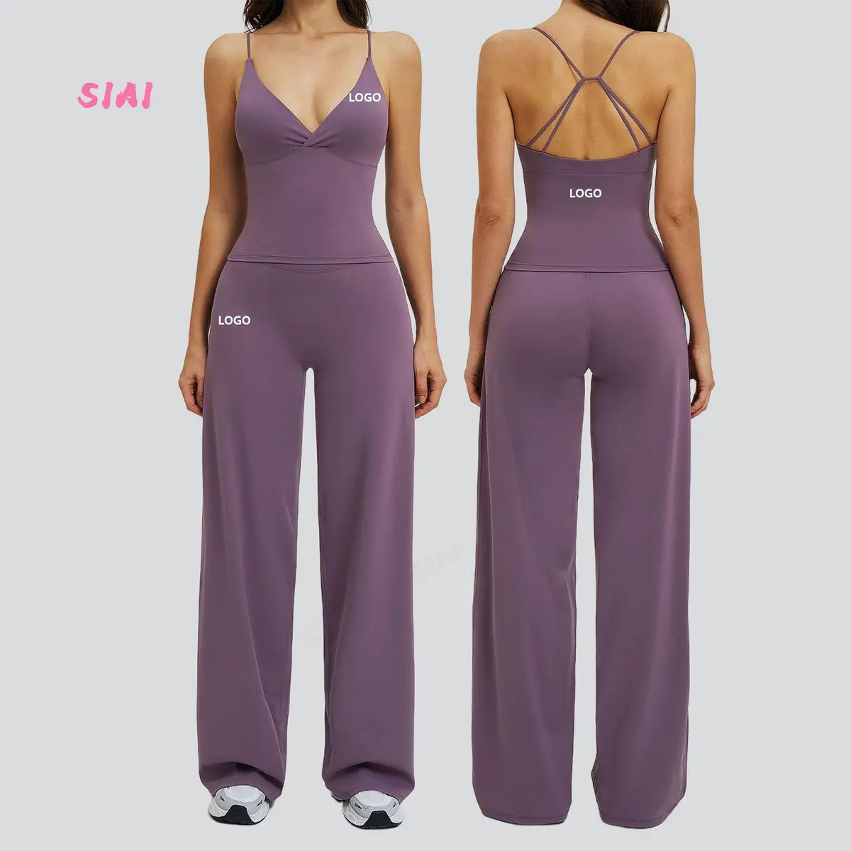 Stylish Plus Size Yoga Workout Sets Reversible Solid Four-Way Stretch Breathable V-Neck Top Cross Waist Wide Leg Pants