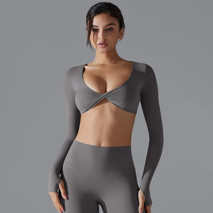 Women's Long Sleeve Yoga Crop Top Padded V Neck Front Twist Quick Dry Breathable Gym Fitness Running Sportswear With Thumb Holes