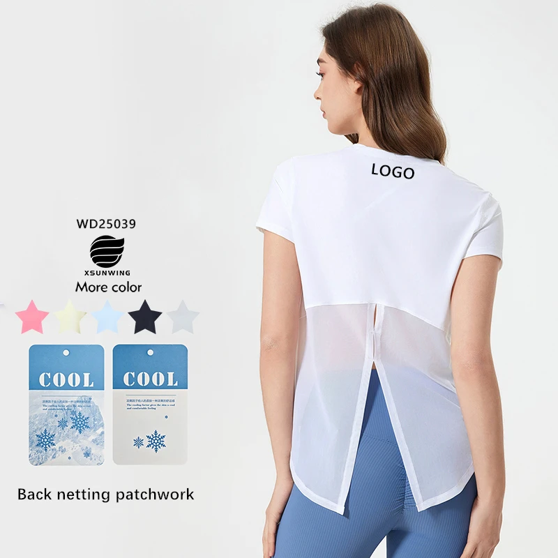 Xsunwing Women's Casual Summer Cooling Yoga Top Quick Dry Short Sleeve T-Shirt with Mesh Slit Design on Back Breathable WD25039