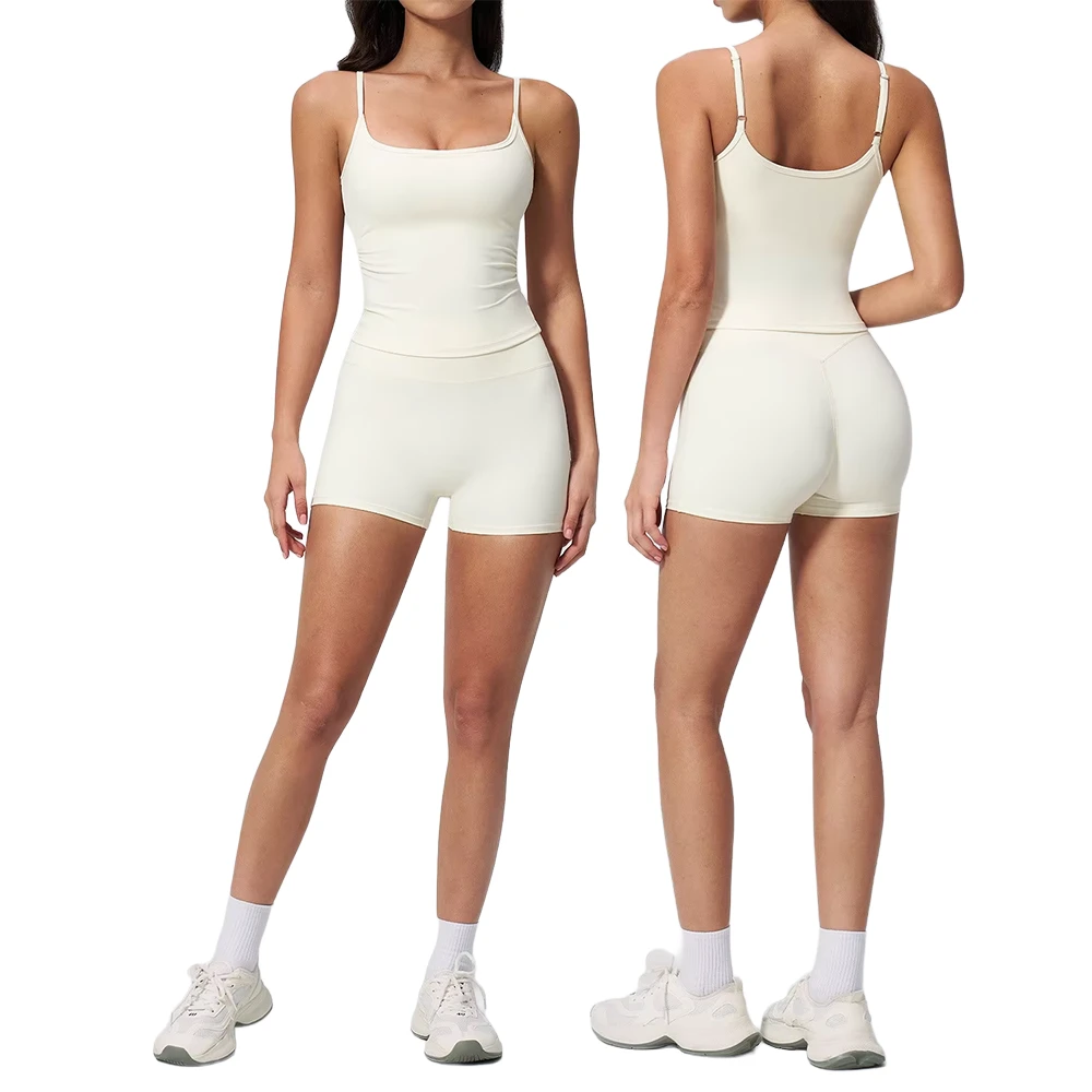 Women's Sleeveless Yoga Vest Sports Suit Solid Color Slim Skinny High Waist Shorts Beauty Back High Elastic Breathable Polyester