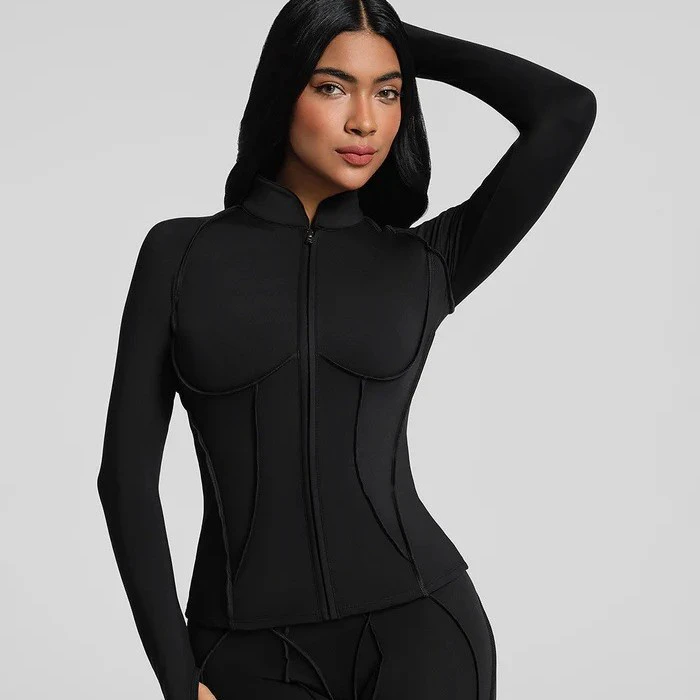 High-End Sweat-Wicking Yoga Wear Jacket Women's Stand-Up Collar European-Style Sports Top Long-Sleeve Zipper Spandex/Nylon