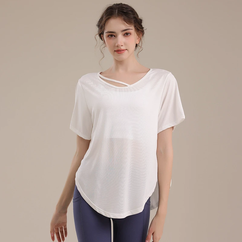 Summer Loose Sports Blouse Women's Yoga Short-sleeved T-shirt Thin Breathable Sweat-absorbent Spandex/Nylon Solid Top Running