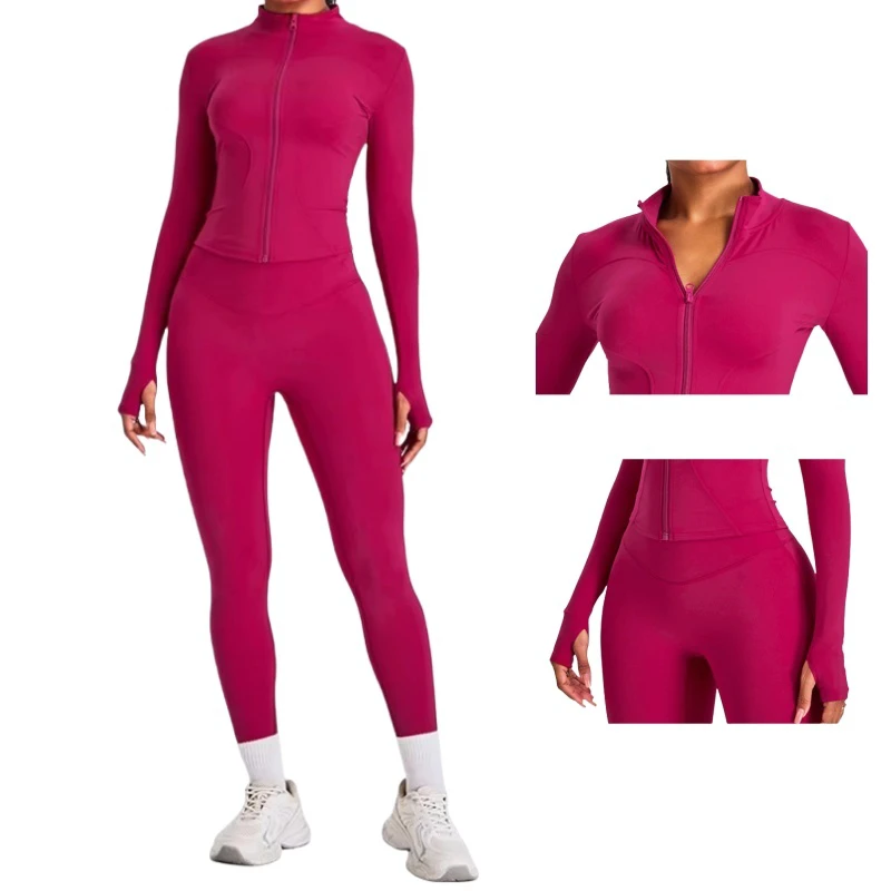 Women's Plus Size Slim-Fit Breathable Lightweight Yoga Top Four-Way Stretch Solid Color Long Sleeve Zipper Front Logo Thumb
