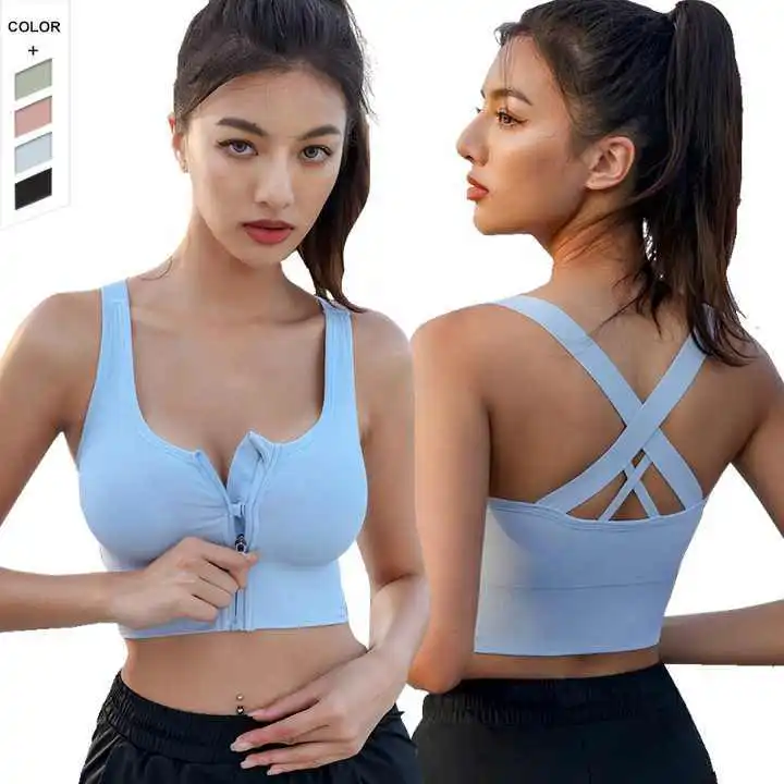 Wholesale Custom Womens Fitness Cross Back Padded Breathable High Support Four-Way Stretch Sport Bra Seamless Zip Front Yoga Top