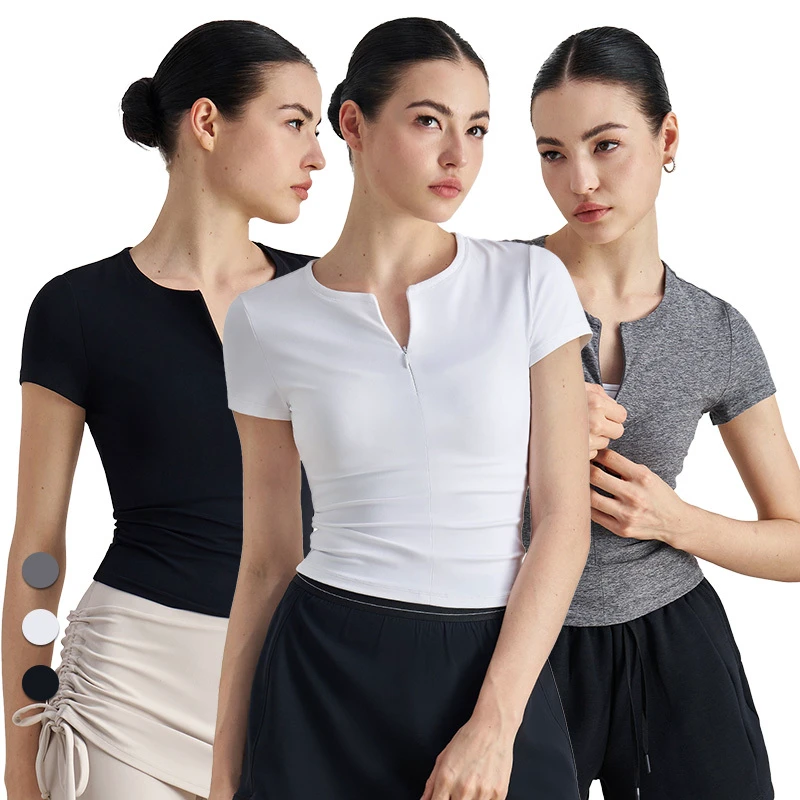 ADTX52015 Women Breathable Quick Dry V-neck Top Tight Half-zipper Slim Fitness Short Sleeve Top