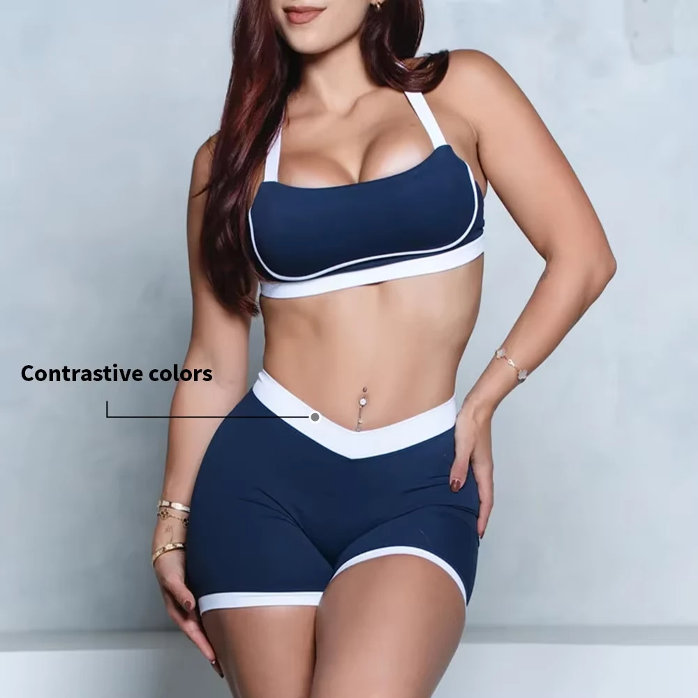 Custom Logo Sport Gym Wear Contrast Waist V Shape Butt Scrunch Yoga Short Leggings And Bra Set Women Workout Sets