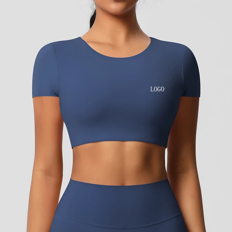Best Selling Women's Double Sided Brushed Breathable Tight Short Sleeve Pilates Fitness T Shirt with Built in Cups