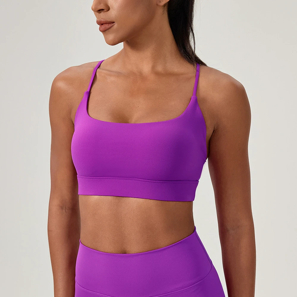 Wholesale Women's Crisscross Strap Sports Bra Square Neck Yoga Bra with Removable Pads Quick Dry Medium Support Activewear