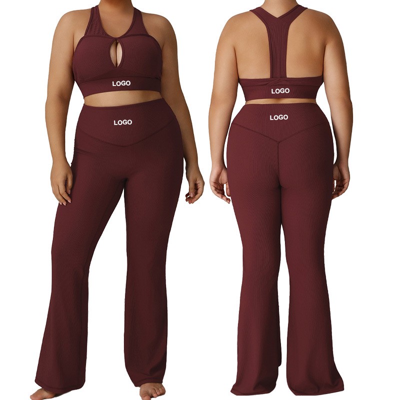 P02503 Women Plus Size Activewear Two Piece Set for Wome Ribbed Flared Yoga Pants and Cut Out Sports Bra Gym Workout Suit