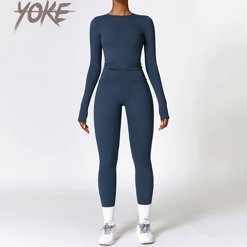 Yoke Fall New Women's Two-Piece Breathable Long Sleeve Gym Fitness Exercise High Waist Yoga Pants Leggings Solid Yoga Set