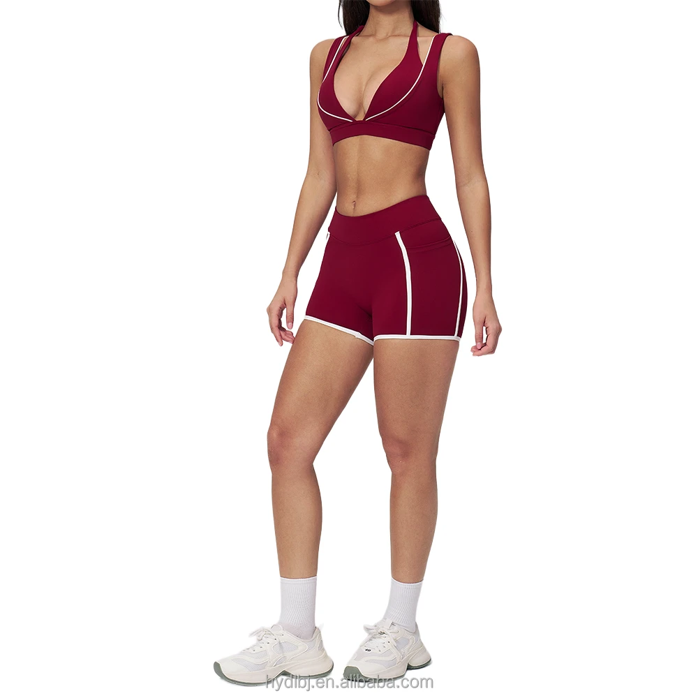 Women's Skin-Friendly Soft Yoga 2-Piece Set White Contrast Stitching Yoga Suit Sports Bra Slim Fit Shorts Double Shoulder Straps