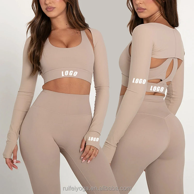 Custom Spandex 3 Piece Sportswear Long Sleeve Athletic Shrug Sport Bra Yoga Legging Workout Set Women Activewear Gym Fitness Set