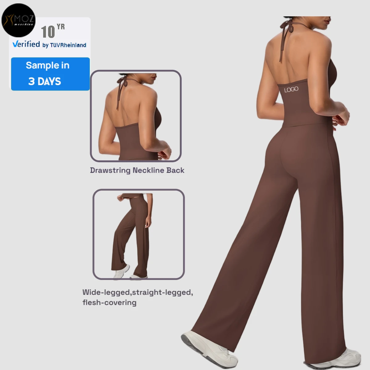 Women's Plus Size Brushed Backless Lace-Up Halter Top High-Waist Wide-Leg Pants 2-Piece Set Custom Front Logo Yoga Gym Wear