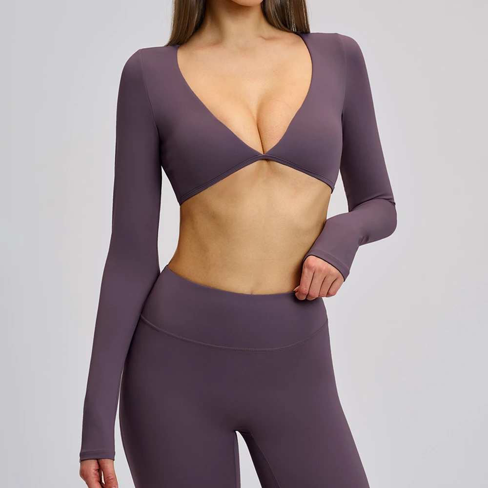 CIYING Women Deep V Neck Long Sleeve Yoga Crop Top Gym Fitness Shirts Outdoor Running T-shirt Slim Fit Yoga Long Sleeve