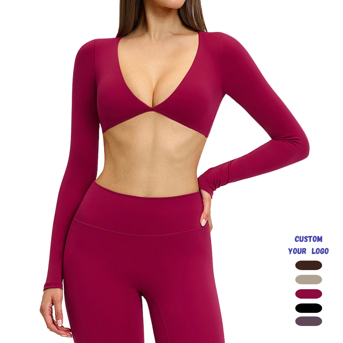 Women V Neck Long Sleeve Yoga Crop Top With Removable Pads High Stretch Workout Running Fitness T Shirt