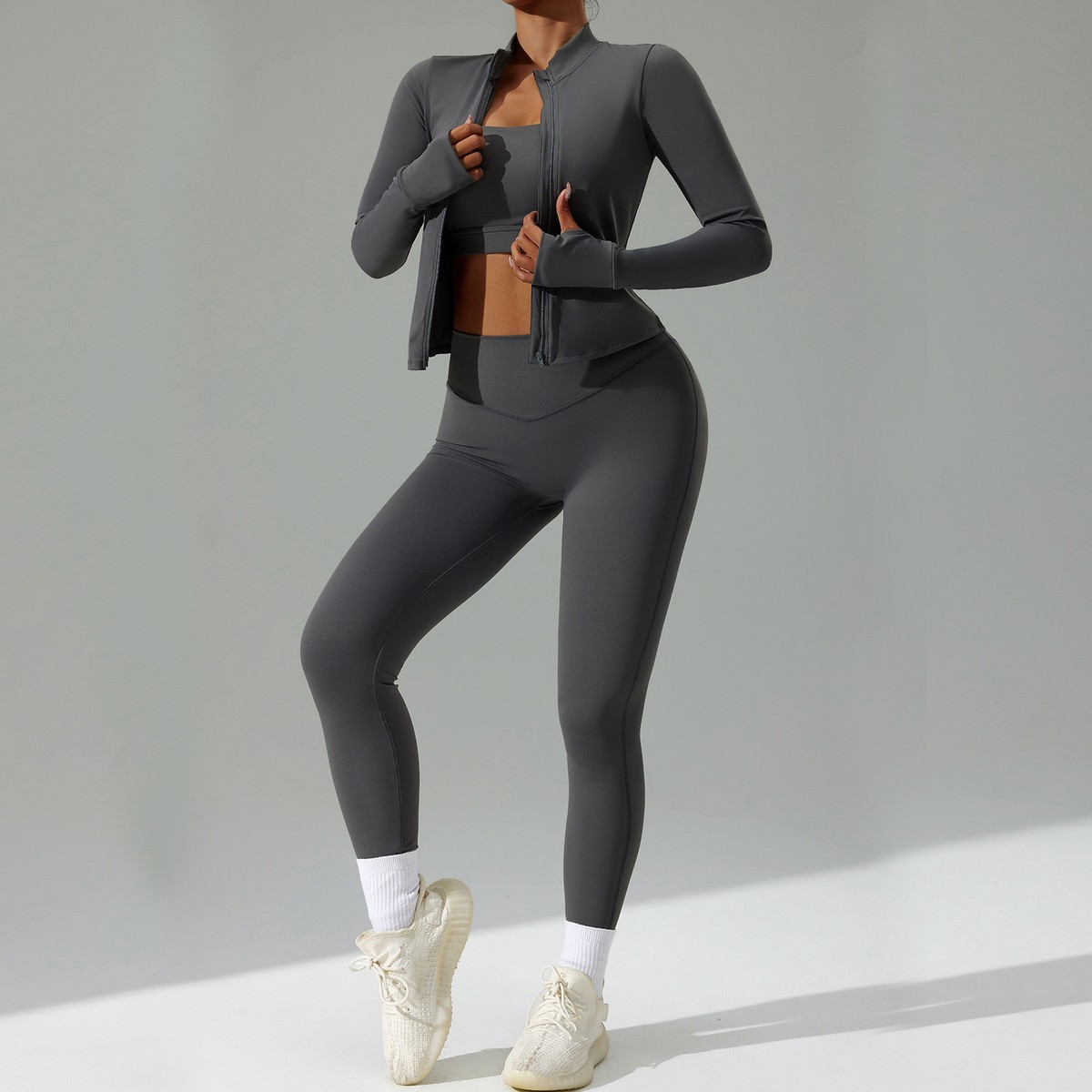 Women Quick Drying Three-Piece Fitness Sportswear Set Cross Border New Tight Yoga Clothing Suit Front Solid Cardigan Running