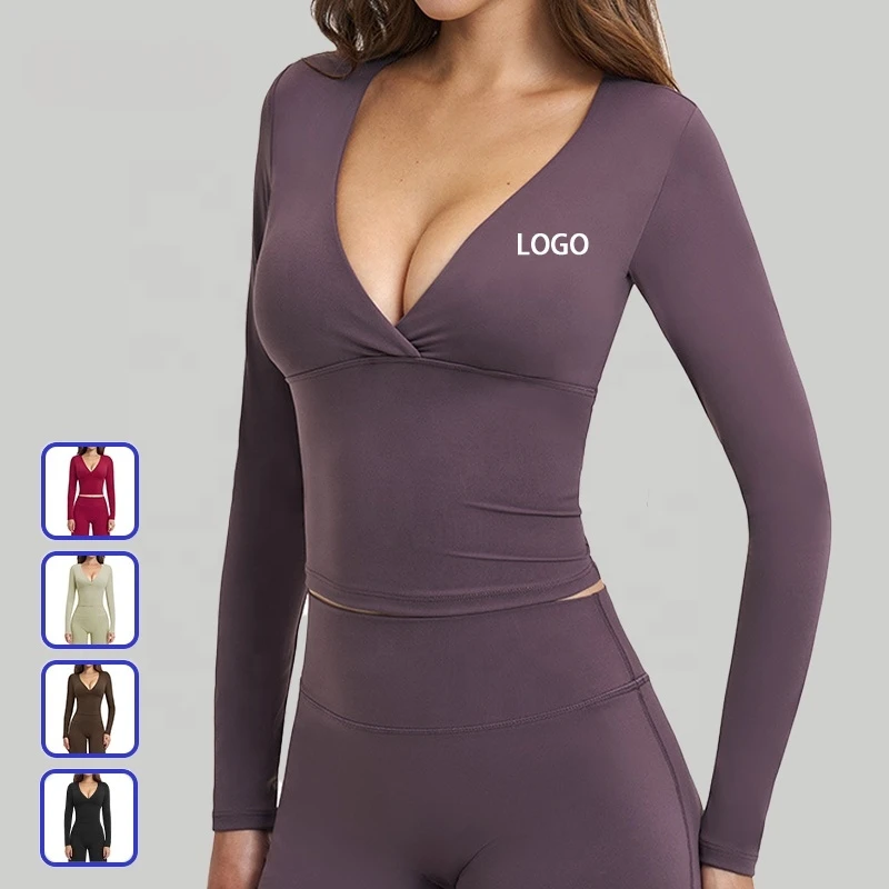 Custom Logo Breathable Lightweight Plus Size High Compression V-neck Fit Workout Active Clothing for Women Long Sleeve