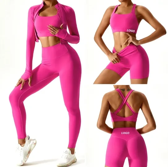 Women's Custom Logo Activewear Sportswear Yoga Set Quick-Drying Gym Fitness Outfits 4pcs Solid Pattern Yoga Suit