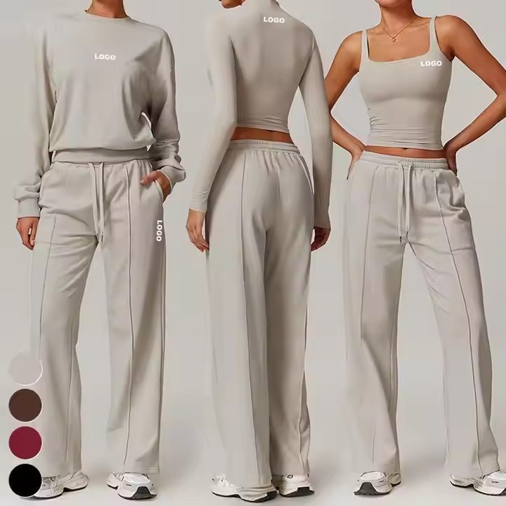 Women's Solid Plus Size 4-Piece Yoga Set with Long Sleeve Tank Top & Jogger Pants-Eco-Friendly Nylon Spandex