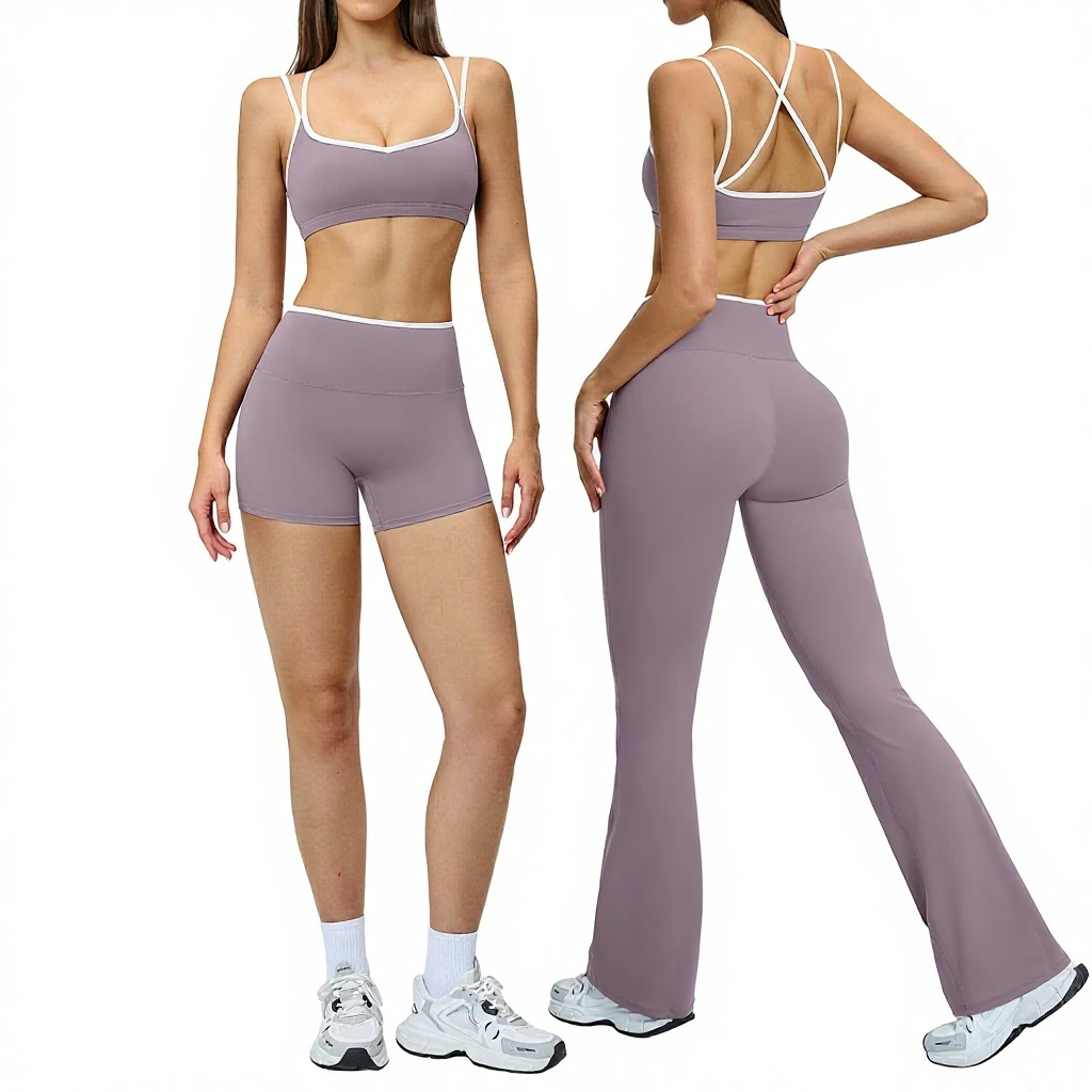 Popular Custom Logo Color-Blocking Print Hemmed Women's Sports Suit Tight-Fitting Backless Nude Yoga Outdoor Fitness 5-Piece9238