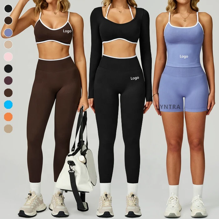 Women Fitness Workout Long Sleeve Yoga Gym Suit Running Activewear Outfit Sportswear Bra Tank Tops Leggings Shorts Sports Set