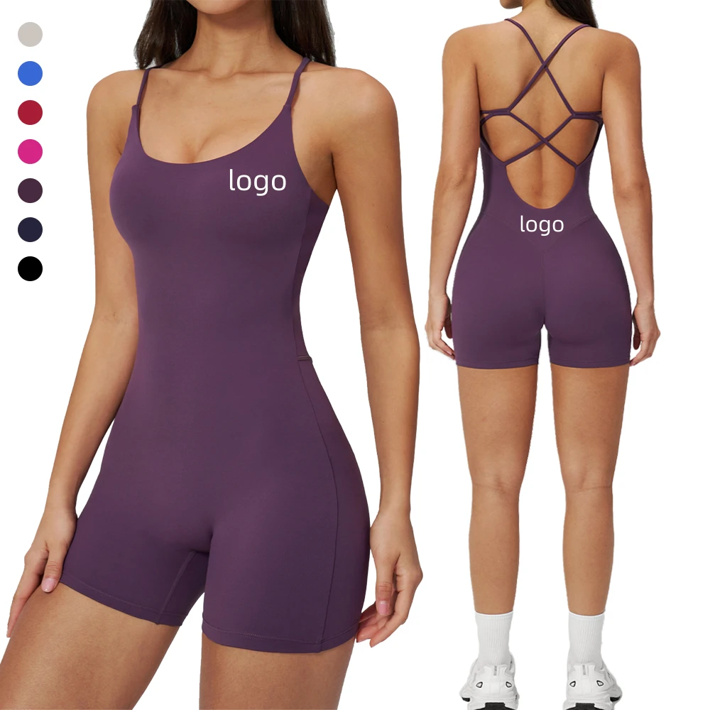 Women Yoga Bodysuit Deep Neck Workout Jumpsuit Dual Thin Straps Cross Back One Piece Gym Suit Slim Fit Women Fitness Wear