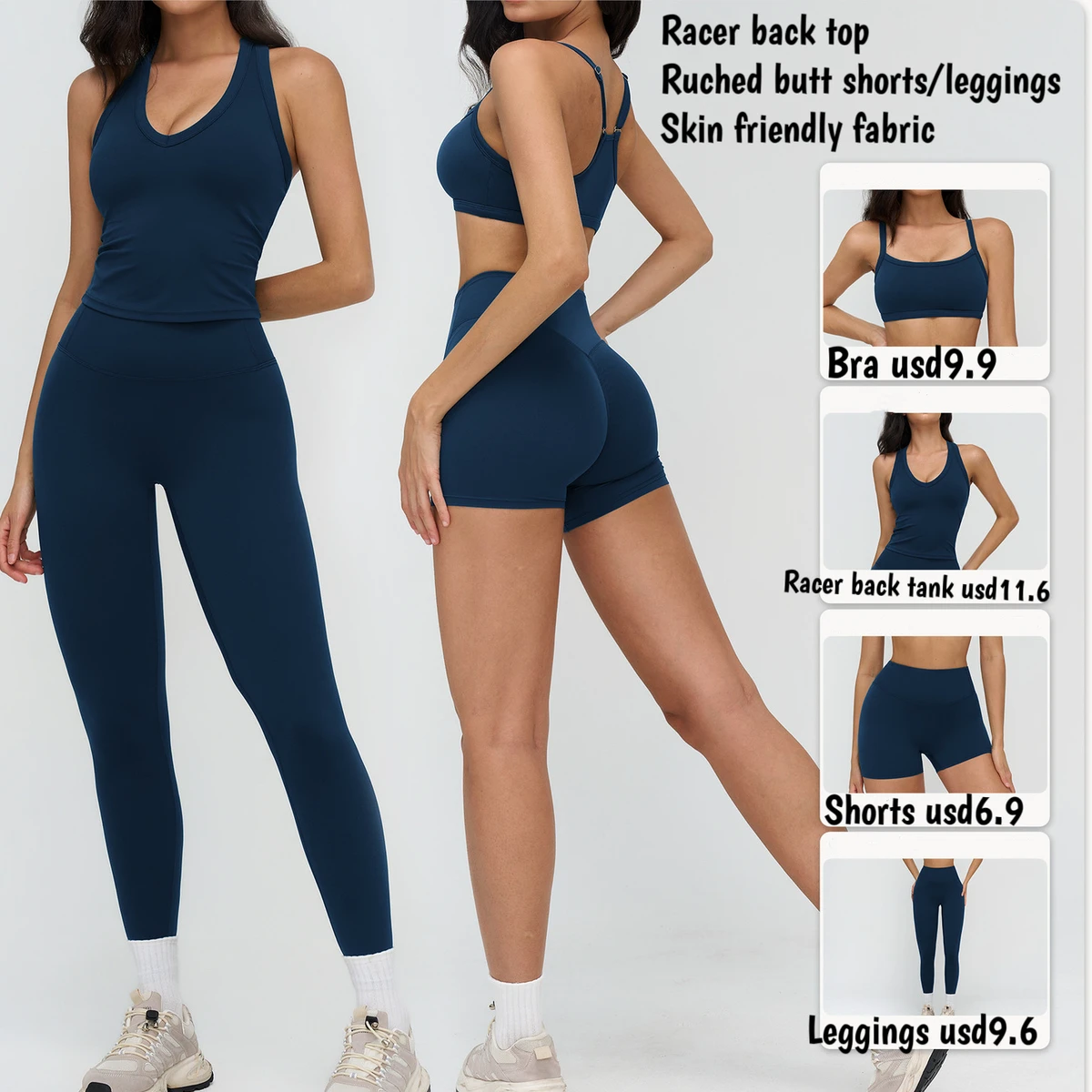 Ropa Deportiva Mujer Women's Solid Sportswear Bra Racer Tank Top Shorts Leggings Athletic Tracksuit Set Yoga Gym Fitness Wear