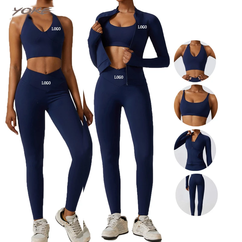 YOKE Wholesale Fitness 3 Piece Women Gym Yoga Wear Set Workout Seamless Long Sleeve Sports Suit Hoodie Yoga Set